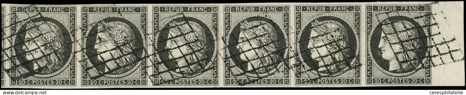 EMISSION DE 1849 - 3a   20c. Noir Sur Blanc, BANDE De 6 Bdf, Voisin à Gauche, Obl. GRILLE, Superbe - 1849-1850 Ceres