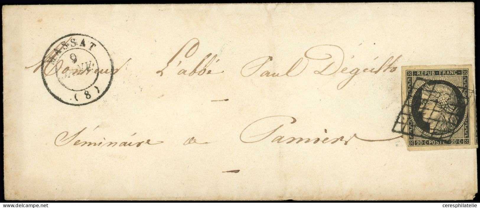 Let EMISSION DE 1849 - 3    20c. Noir Sur Jaune, Grandes Marges (2 Amorces De Voisins) Obl. GRILLE S. Env., Càd T15 MASS - 1849-1876: Periodo Clásico