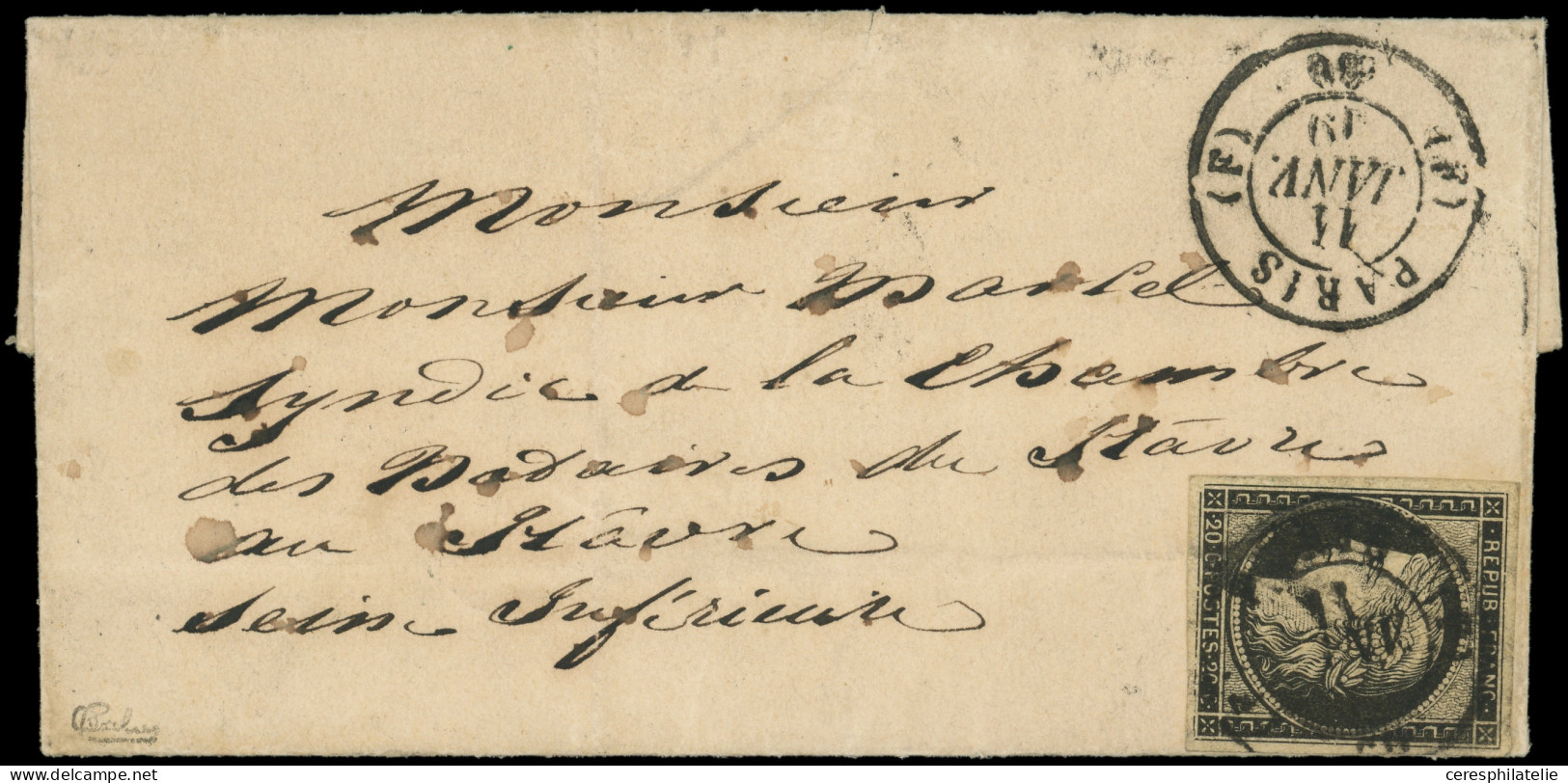 Let EMISSION DE 1849 - 3    20c. Noir Sur Jaune Obl. Càd (F) PARIS (F) 11 JANV 49 Répété à Côté S. LAC, Arr. LE HAVRE, R - 1849-1876: Periodo Clásico