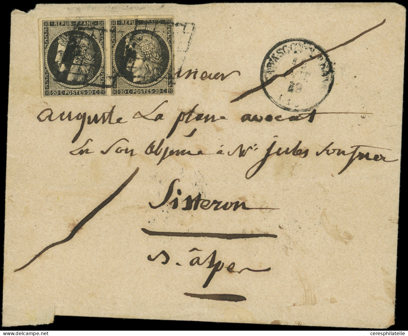 Let EMISSION DE 1849 - 3    20c. Noir Sur Jaune, PAIRE Obl. GRILLE S. Env. Défse, Càd T15 TARASCON-S-RHONE 14/10/49, Fra - 1849-1876: Periodo Classico