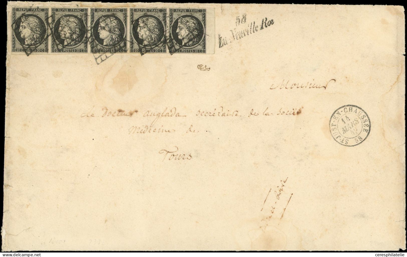 Let EMISSION DE 1849 - 3    20c. Noir Sur Jaune, BANDE De 5 Bdf Obl. GRILLE S. Env., Càd T15 St JUST-EN-CHAUSSEE 14/3/49 - 1849-1876: Periodo Classico