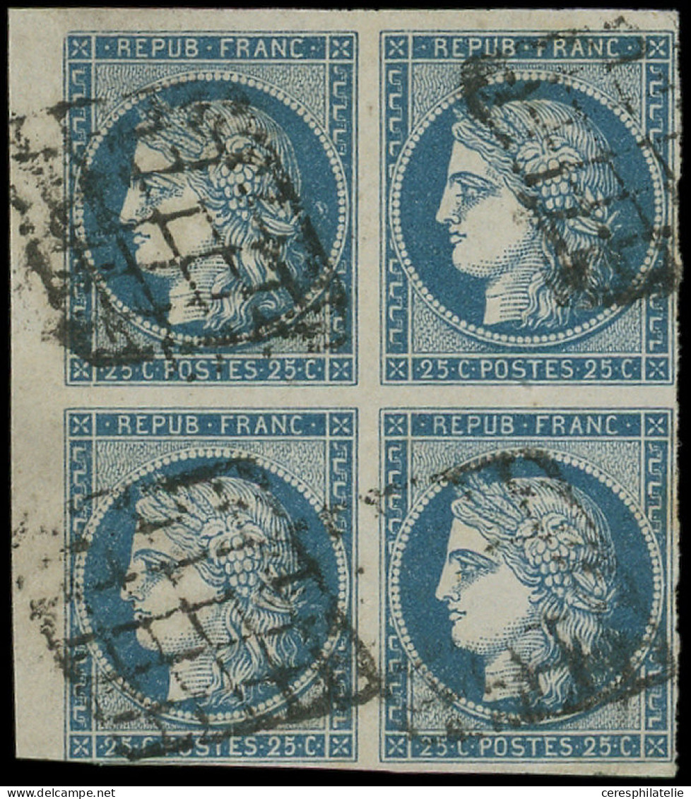 EMISSION DE 1849 - 4    25c. Bleu, BLOC De 4 Petit Bdf, Obl. GRILLE, 1 Ex. Filet Coupé Dans Un Angle, Les Autres TB - 1849-1850 Ceres