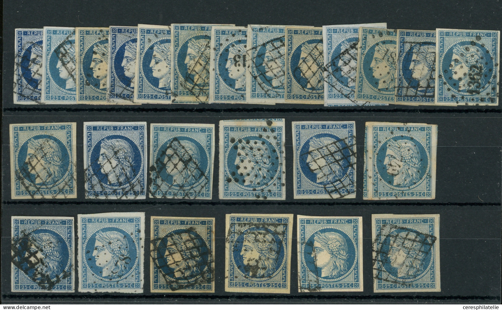EMISSION DE 1849 - 4    25c. Bleu, 25 Ex. Obl. GRILLE Ou PC, Nuances Diverses, Certains Ex. TTB/Superbe - 1849-1850 Ceres