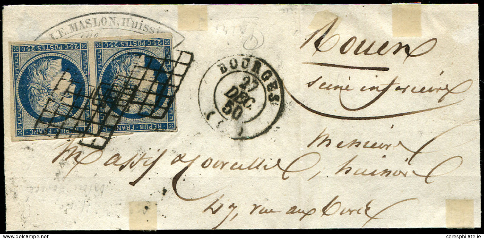 Let EMISSION DE 1849 - 4    25c. Bleu, PAIRE Obl. GRILLE S. LSC, Càd T15 BOURGES 27/12/50, TB - 1849-1876: Klassieke Periode