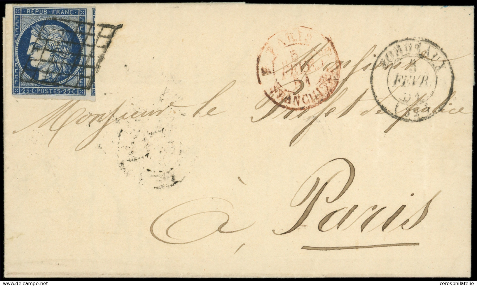 Let EMISSION DE 1849 - 4a   25c. Bleu Foncé, Obl. GRILLE S. LAC, Càd T15 BORDEAUX 3/2/51, Càd Rouge PARIS FRANCHISES 5/2 - 1849-1876: Periodo Clásico