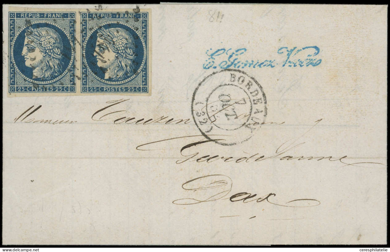 Let EMISSION DE 1849 - 4a   25c. Bleu Foncé, PAIRE Obl. PC 441 S. LAC, Càd T15 BORDEAUX 7/10/52, TTB - 1849-1876: Période Classique