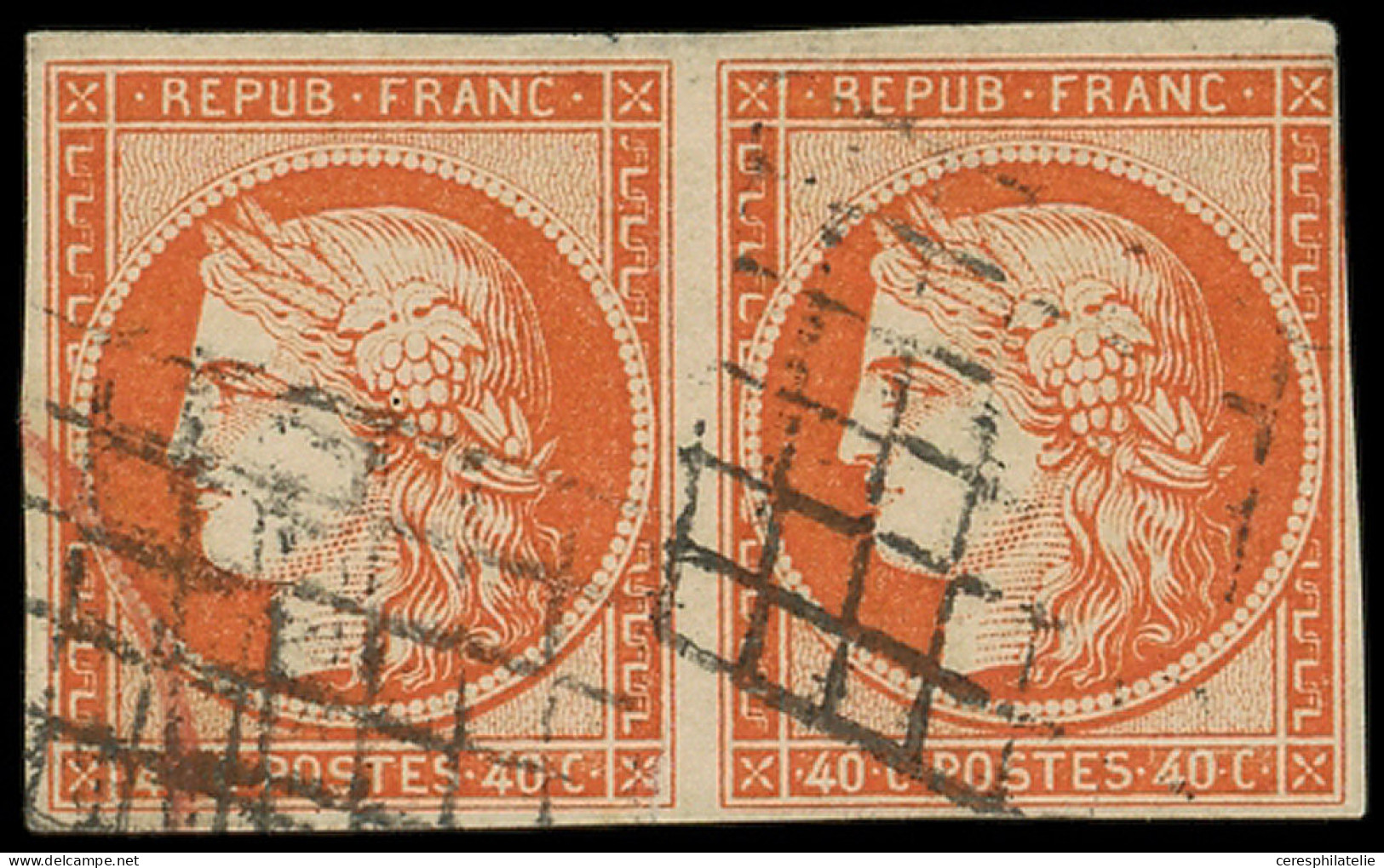 EMISSION DE 1849 - 5    40c. Orange, PAIRE Obl. GRILLE Touchée Légèrement Au Filet En Haut à Droite, TB - 1849-1850 Ceres