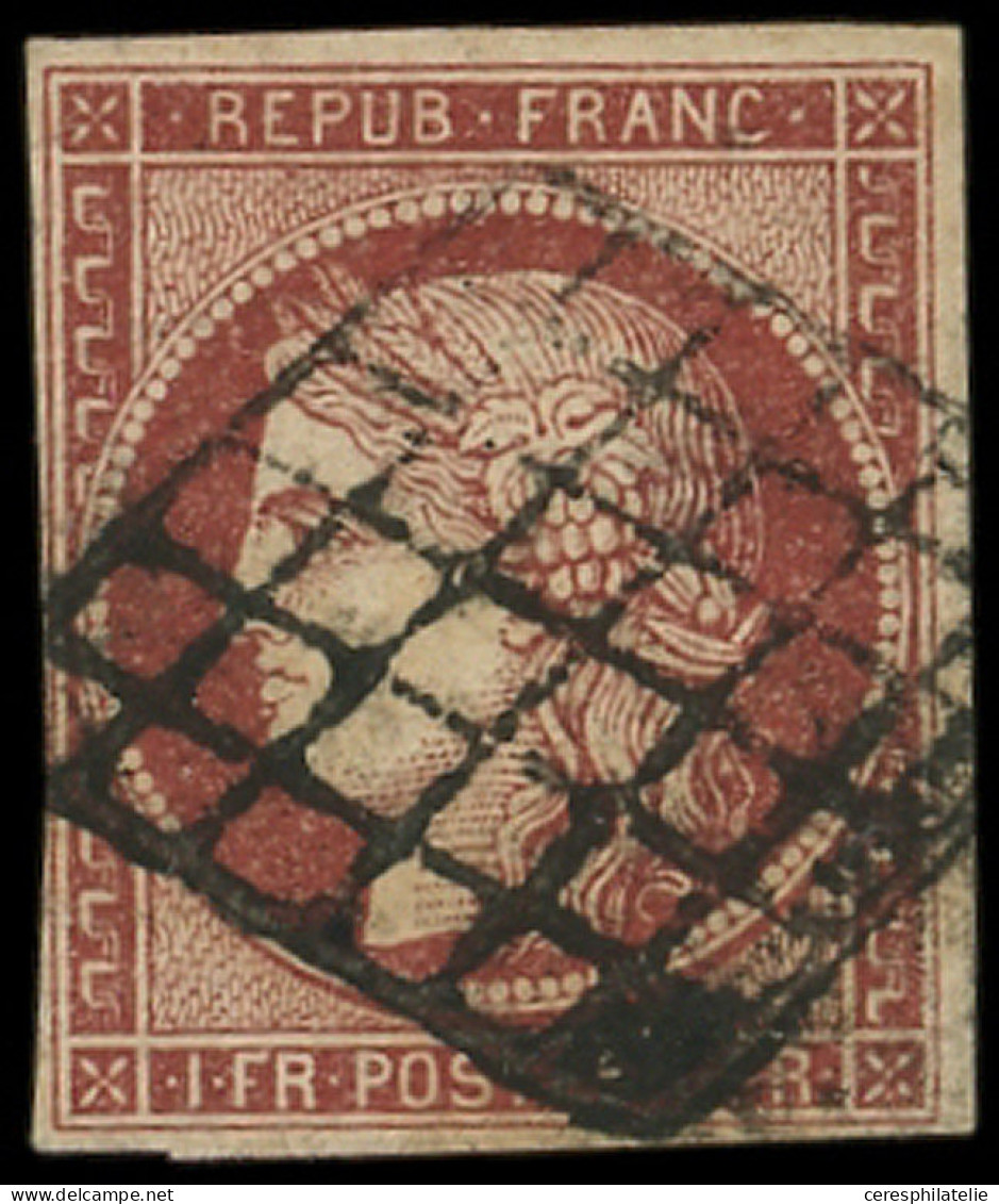 EMISSION DE 1849 - 6B    1f. Carmin-brun, Au Filet Sur 2 Mm Obl. GRILLE, TB, Certif. Calves - 1849-1850 Cérès