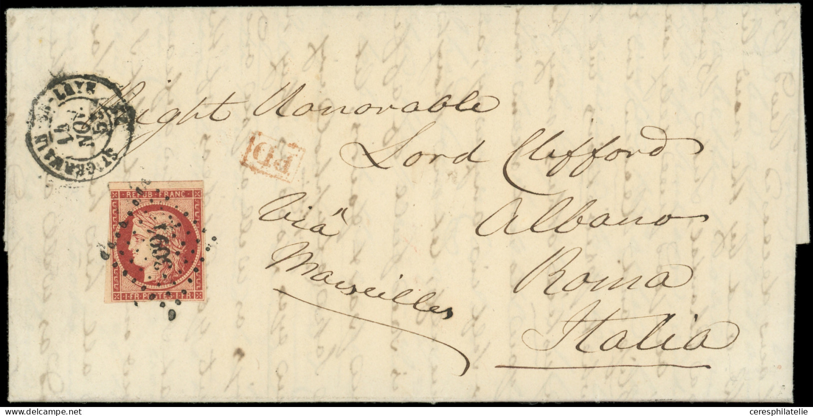 Let EMISSION DE 1849 - 6     1f. Carmin, Défx, Obl. PC  3091 S. LAC, Càd T15 ST GERMAIN-EN-LAYE 14/11/52 Pour ROME, R, B - 1849-1876: Classic Period