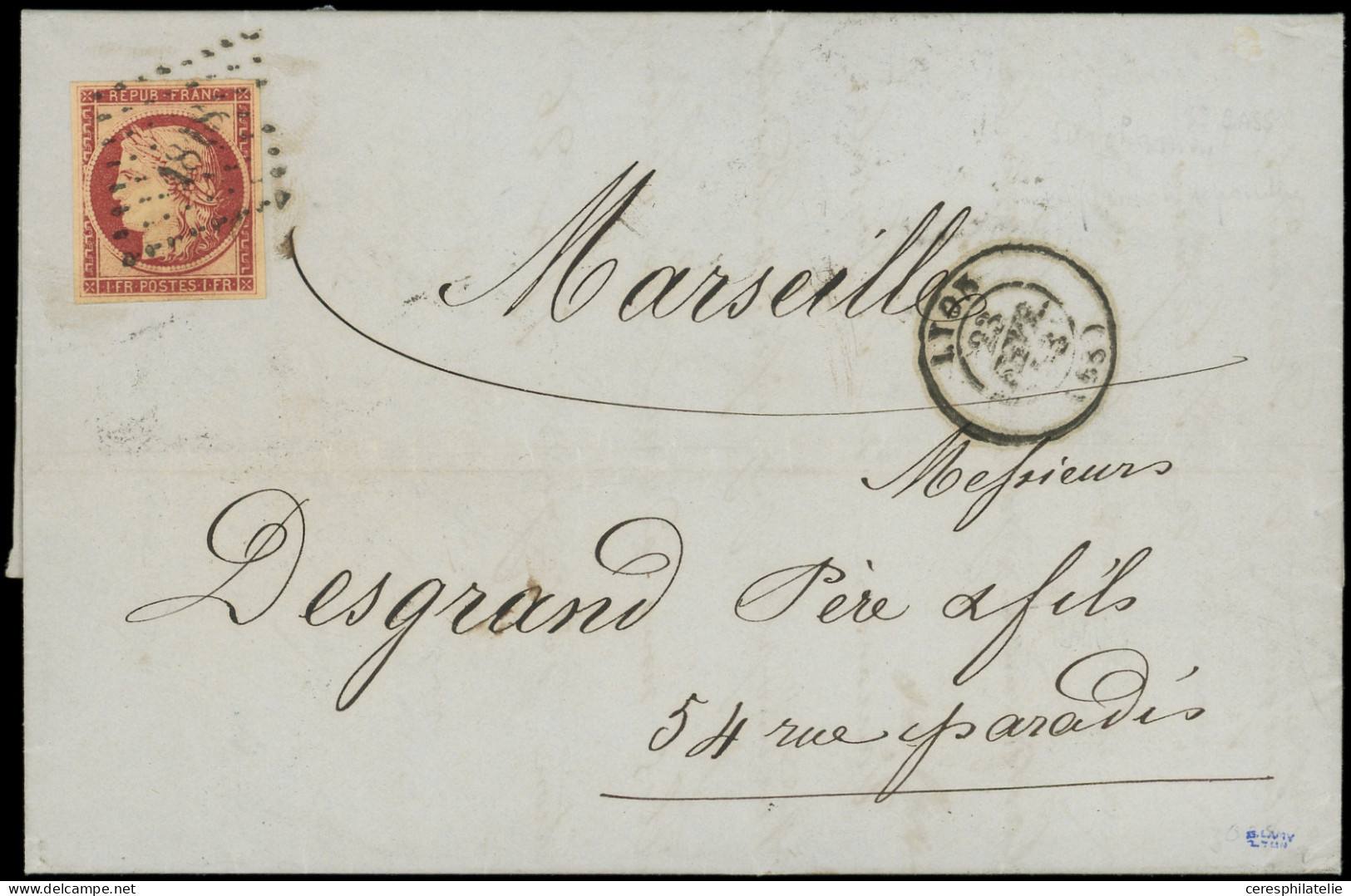 Let EMISSION DE 1849 - 6     1f. Carmin, Obl. PC 1818 S. LAC, Càd T15 LYON 23/2/53, TTB - 1849-1876: Classic Period