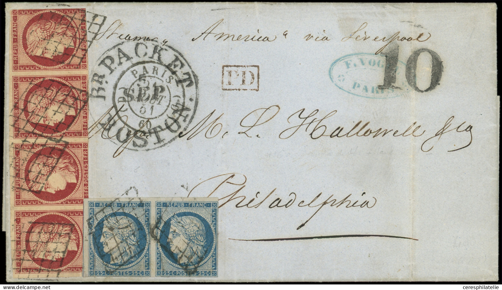 Let EMISSION DE 1849 - 6     1f. Carmin, BANDE De 4 Défse Et N°4 25c. Bleu PAIRE (1 Ex. Déf.) Obl. GRILLE S. LAC, Càd PA - 1849-1876: Classic Period