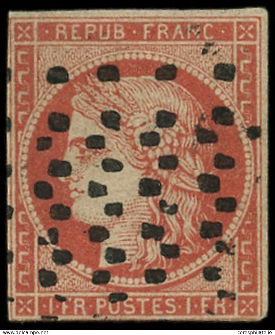 EMISSION DE 1849 - 7a    1f. VERMILLON VIF, Filet Inférieur Touché, Obl. GROS POINTS, Belle Nuance, Certif. Calves - 1849-1850 Cérès