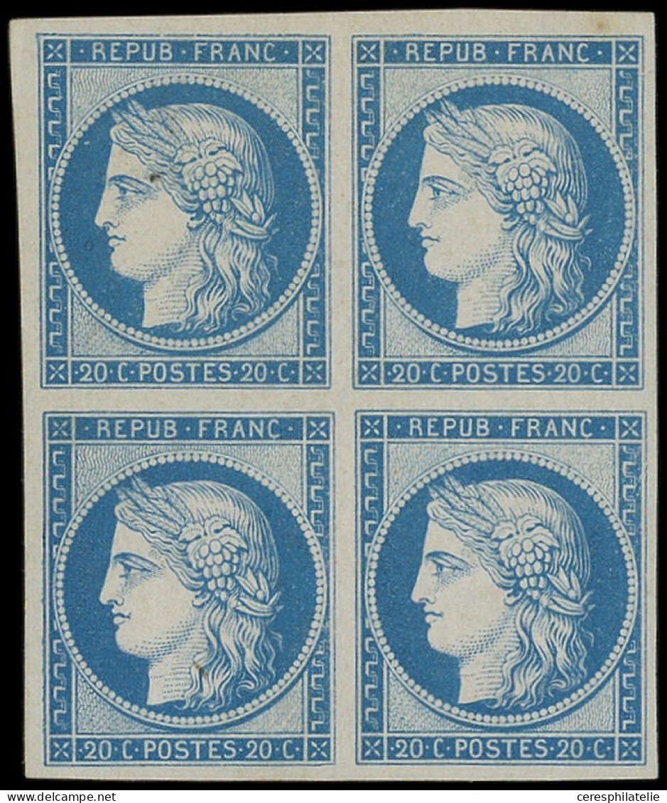 * EMISSION DE 1849 - R8f  20c. Bleu, REIMPRESSION, BLOC De 4, Un Ex. Petit Pelurage, Sinon TB - 1849-1850 Cérès