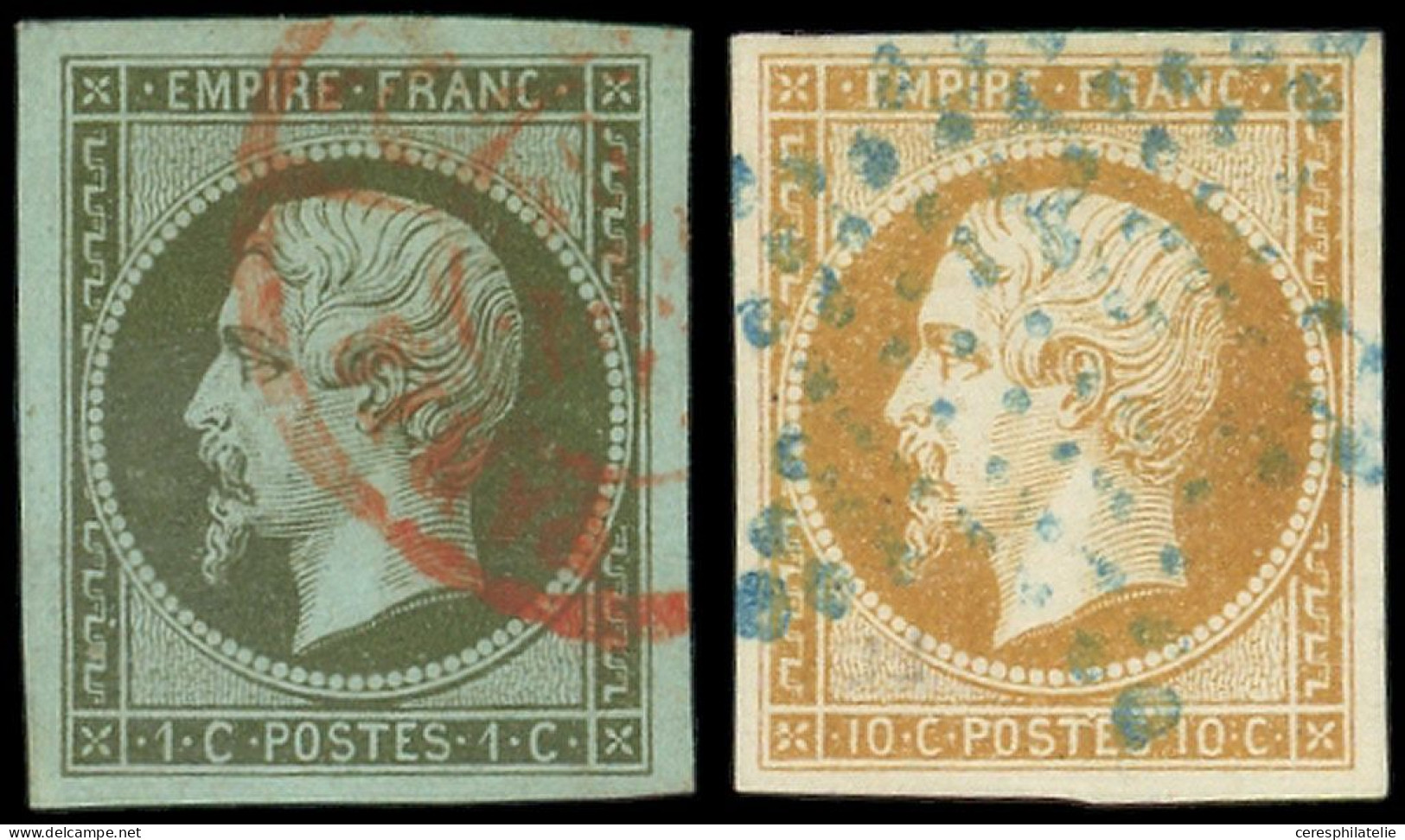 EMPIRE NON DENTELE - 11    1c. Vert-olive, Obl. Càd Rouge Des Imprimés Et N°13A 10c. Bistre T I Obl. ETOILE BLEUE, TB - 1853-1860 Napoléon III