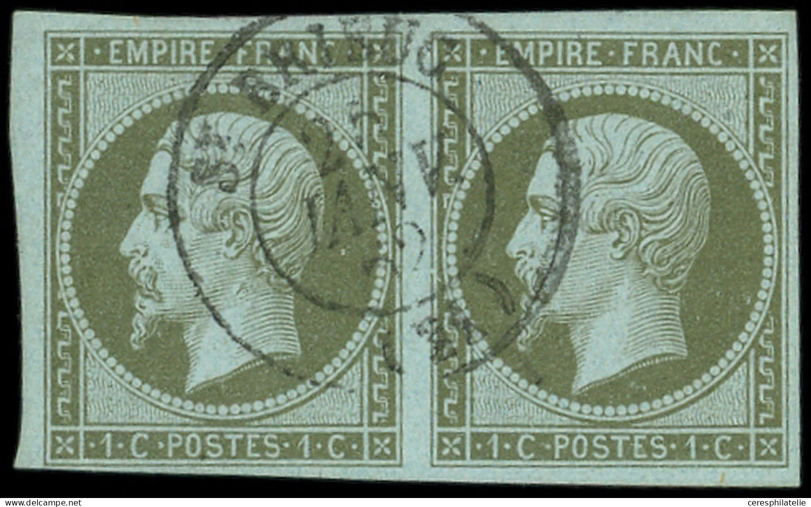 EMPIRE NON DENTELE - 11    1c. Vert-olive, PAIRE Obl. Càd T15 ST BRIEUC 25/1/62, TB - 1853-1860 Napoleon III