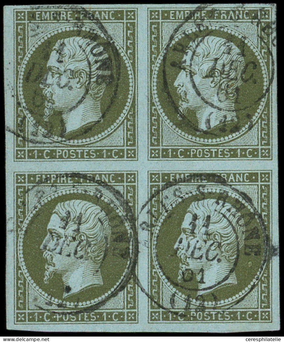 EMPIRE NON DENTELE - 11    1c. Vert-olive, BLOC De 4 Obl. Càd T15 ARLES-S-RHONE 11/12/61, TTB - 1853-1860 Napoléon III.