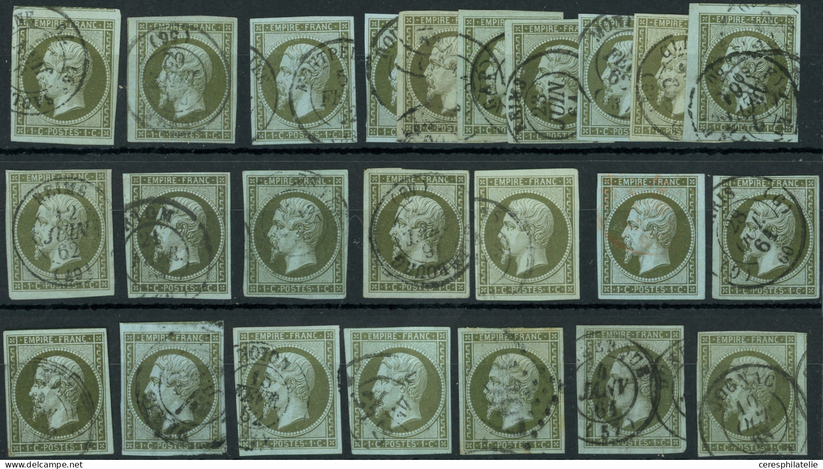 EMPIRE NON DENTELE - 11    1c. Vert-olive, 24 Ex. Obl. Càd (dont 1 Rouge), Nuances Diverses, TB - 1853-1860 Napoléon III