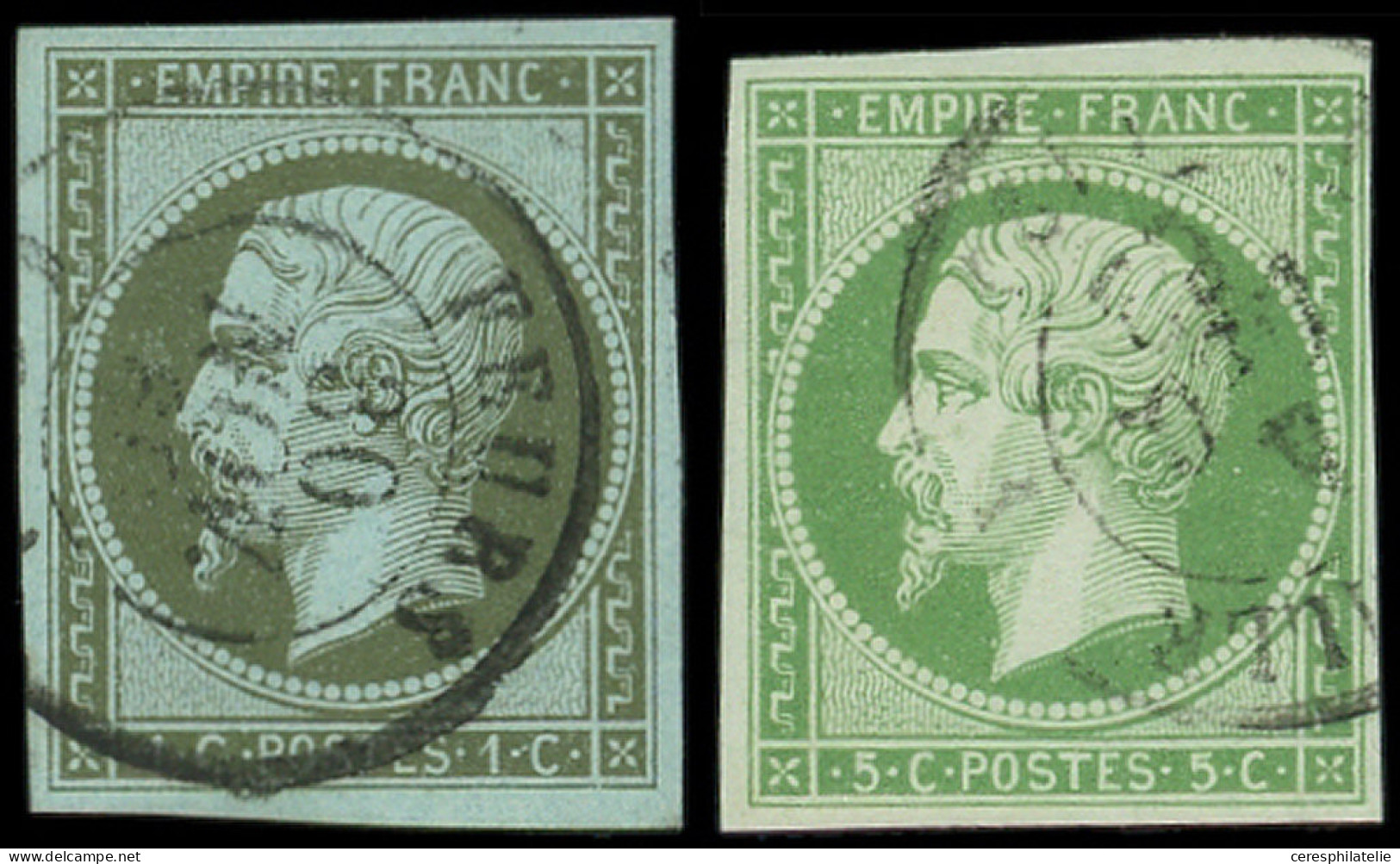 EMPIRE NON DENTELE - 11 Et 12, 1c. Olive Et 5c. Vert, Obl. Càd T15, TB - 1853-1860 Napoléon III.