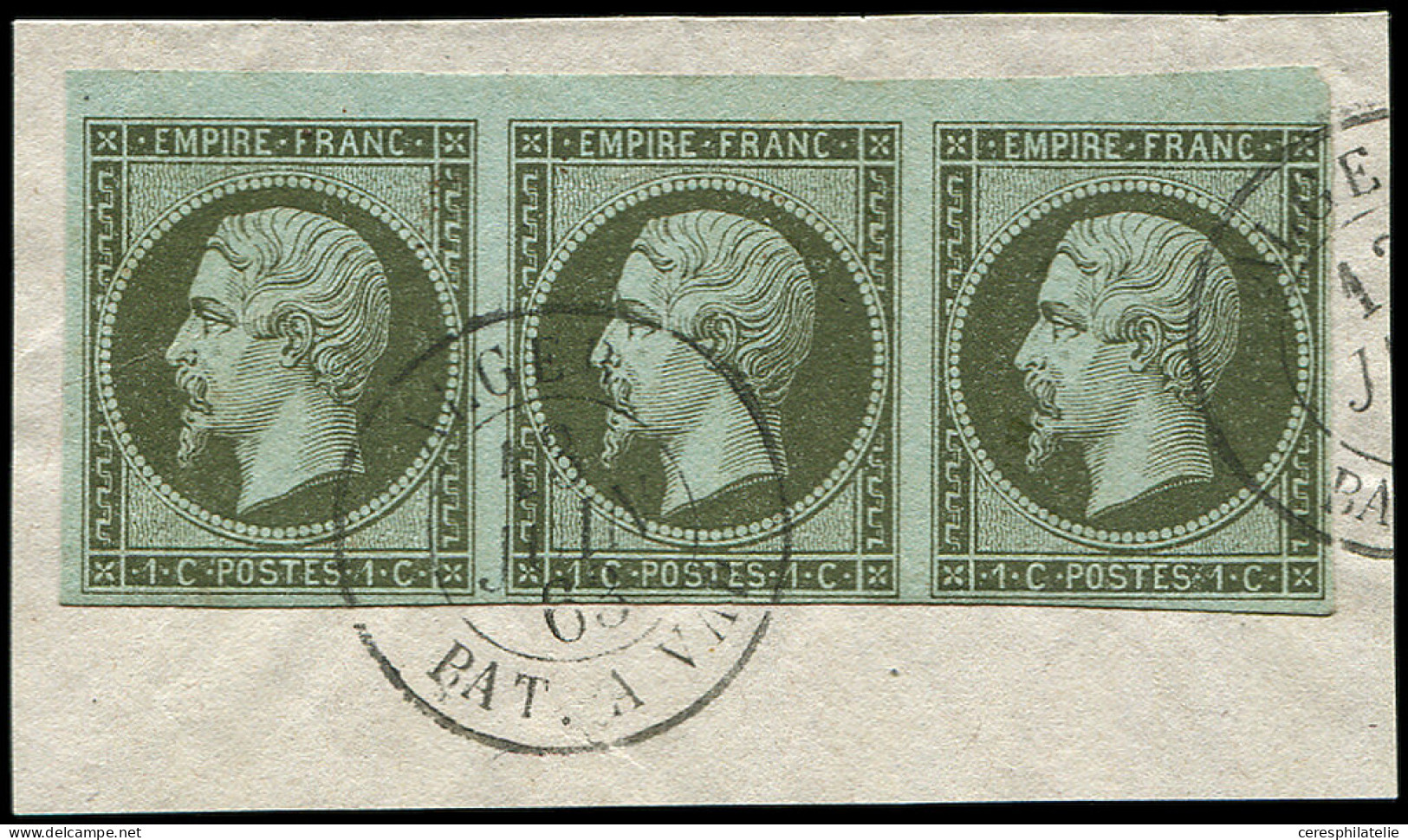 EMPIRE NON DENTELE - 11a   1c. Bronze, BANDE De 3 Obl. ALGER BAT. A VAP 13/6/63 S. Fragt, Bdf, TTB - 1853-1860 Napoléon III.