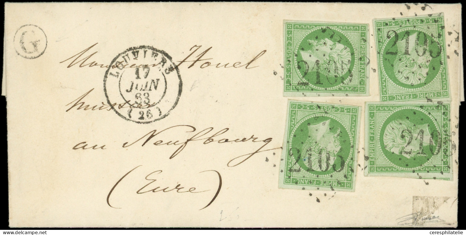 Let EMPIRE NON DENTELE - 12    5c. Vert, 4 Ex. Obl. GC 2105 S. LAC De Heudedouville, Càd T15 LOUVIERS 17/6/63, Boite G,  - 1849-1876: Classic Period