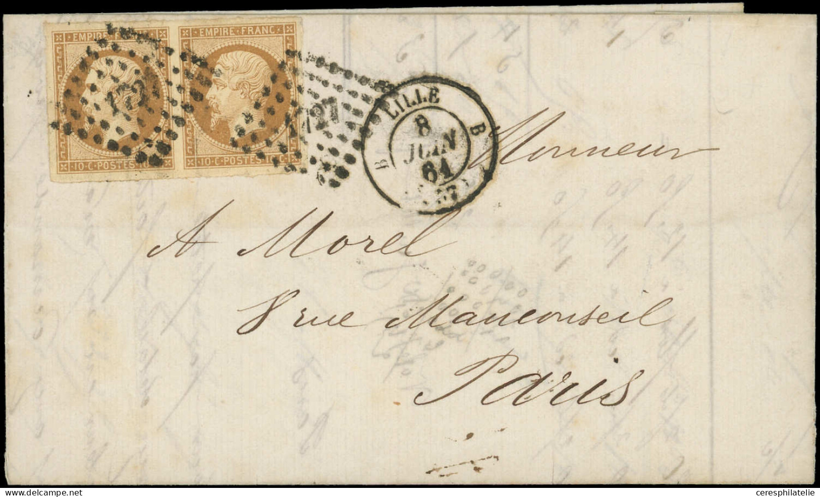 Let EMPIRE NON DENTELE - 13B  10c. Brun Clair, T II, PAIRE Obl. PC 1727 S. LAC, Càd T15 B LILLE B 8/6/61, TTB - 1849-1876: Classic Period