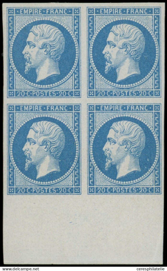 ** EMPIRE NON DENTELE - 14B  20c. Bleu, T II, BLOC De 4 Bdf, T II, La Paire Sup. Est *, Fraîcheur Postale, TTB - 1853-1860 Napoléon III.