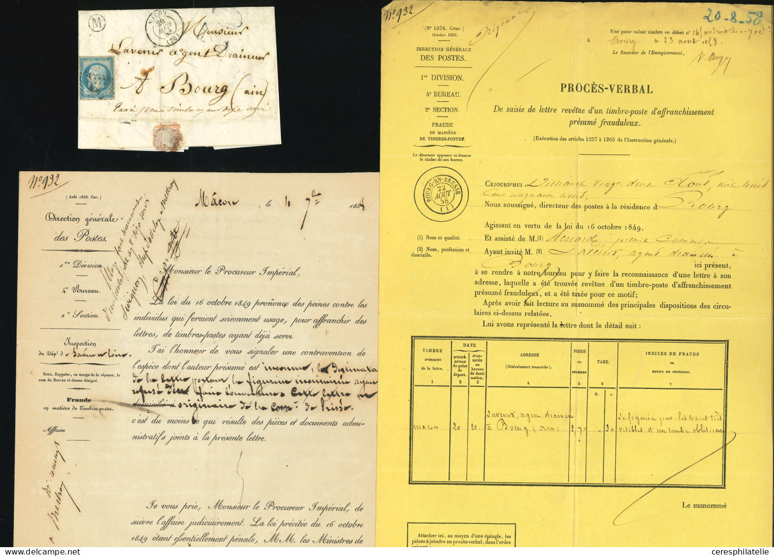 Let EMPIRE NON DENTELE - 14A  20c. Bleu, T I, Obl. PC Sur LAC, Càd T15 MACON 20/8/58, Boite M, Taxe 30 Et Mention "Taxe  - 1849-1876: Periodo Classico