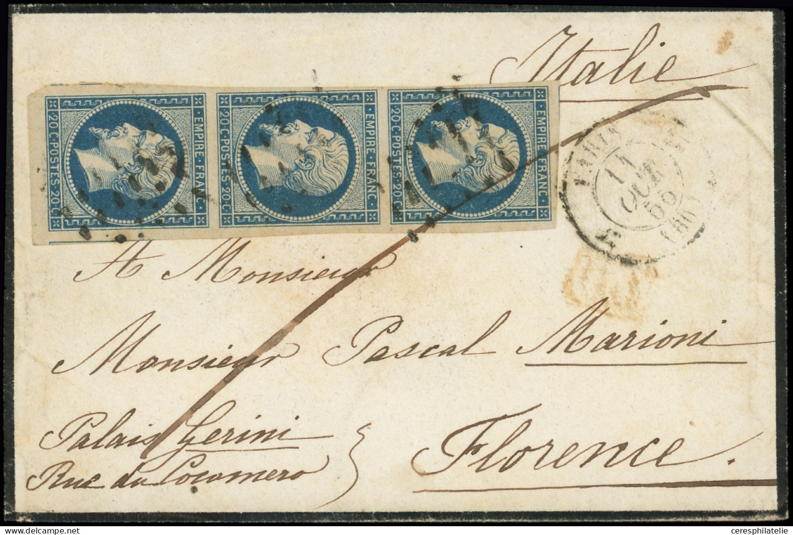 Let EMPIRE NON DENTELE - 14A  20c. Bleu, BANDE De 3 Obl. GROS POINTS Sur Env., Càd PARIS 14/10/55, Arr. FLORENCE Le 19/1 - 1849-1876: Période Classique