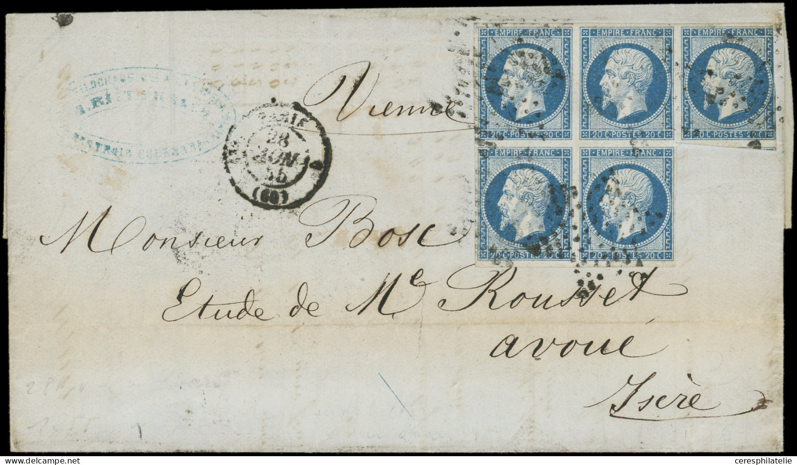 Let EMPIRE NON DENTELE - 14A  20c. Bleu, T I, BLOC De 5 Obl. ETOILE S. LAC, Càd PARIS 28/11/55, NOV à L'envers, 1 Ex. To - 1849-1876: Période Classique