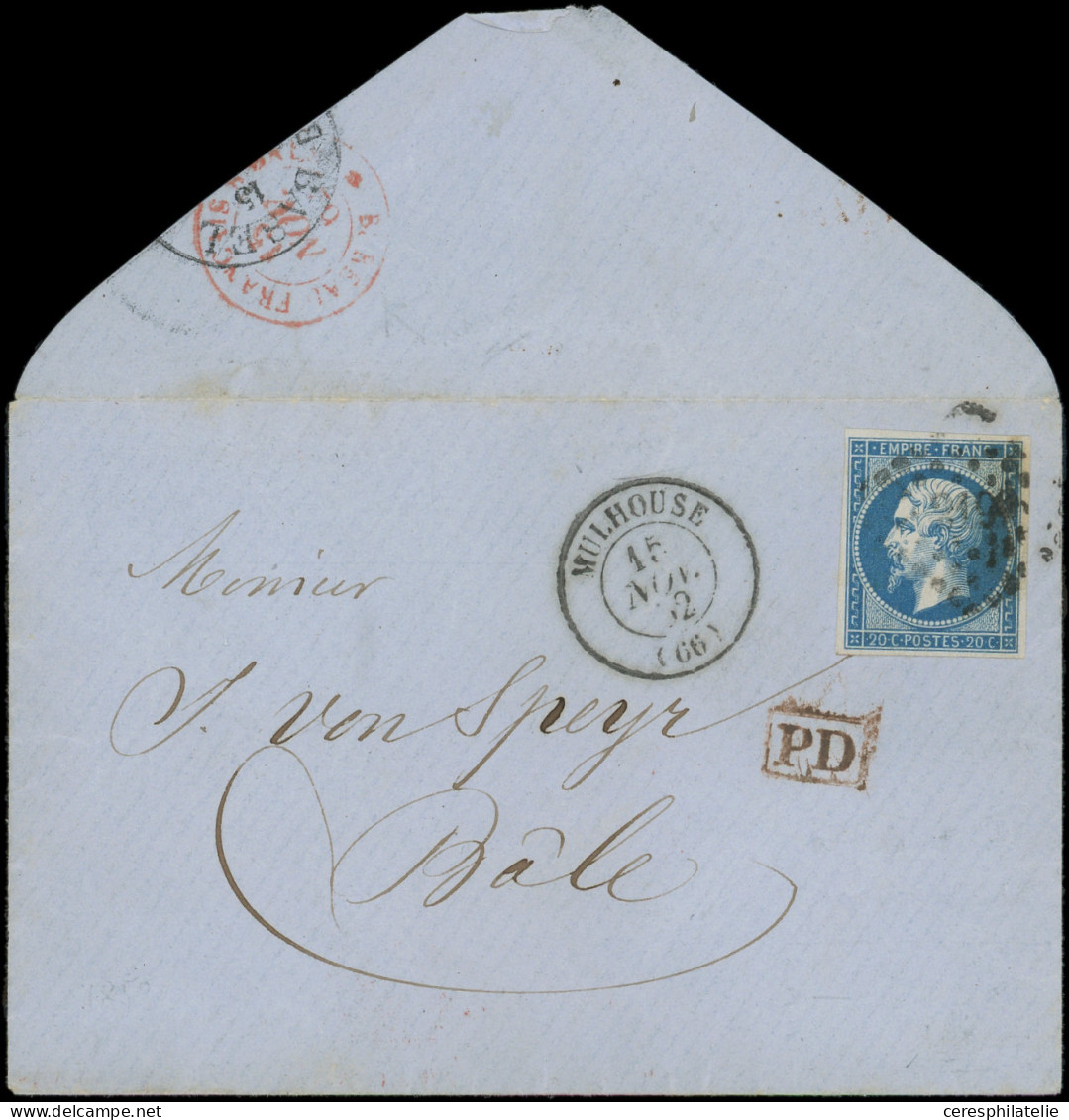 Let EMPIRE NON DENTELE - 14B  20c. Bleu, T II, Obl. PC 2199 S. Env., Càd T15 MULHOUSE 15/11/62, Port FRONTALIER Pour BAS - 1849-1876: Période Classique