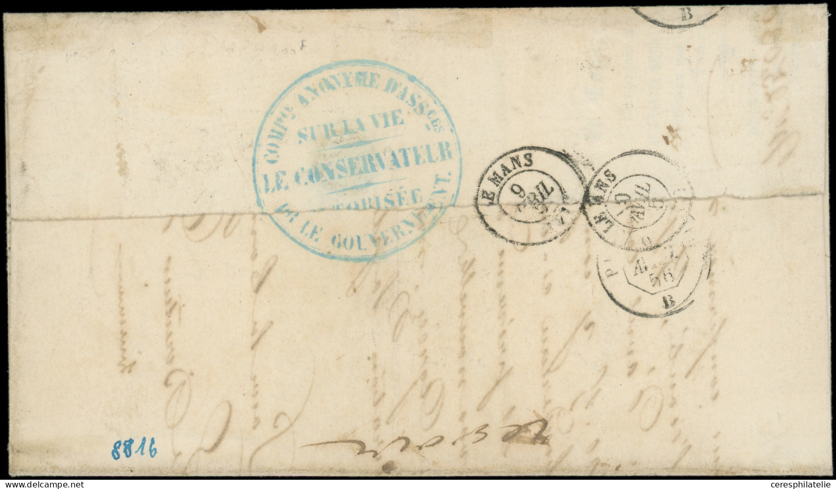 Let EMPIRE NON DENTELE - 16   40c. Orange Obl. ROULETTE ACCORDEON S. LAC, Càd PARIS 9/4/56, Au Verso Cachet Bleu Comp. A - 1849-1876: Klassik