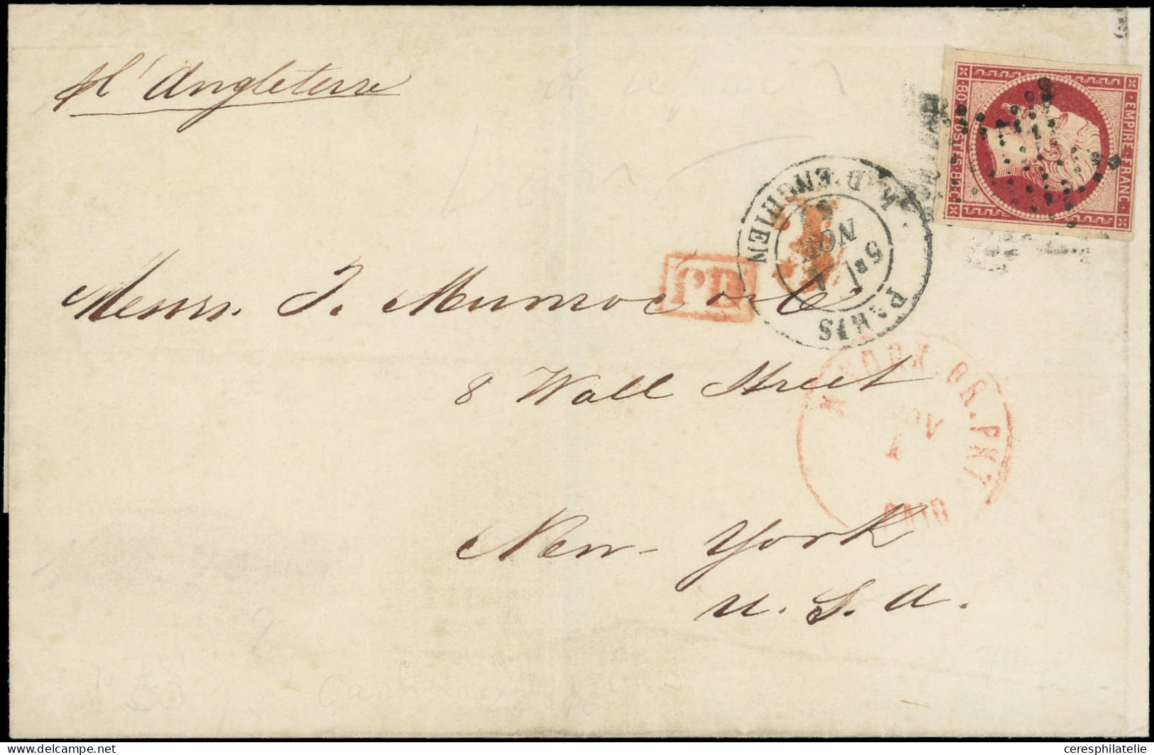 Let EMPIRE NON DENTELE - 17A  80c. Carmin, Obl. ETOILE S. LSC, Càd R. D'Enghien 1/11/57, Arr. NEW-YORK, TB - 1849-1876: Classic Period