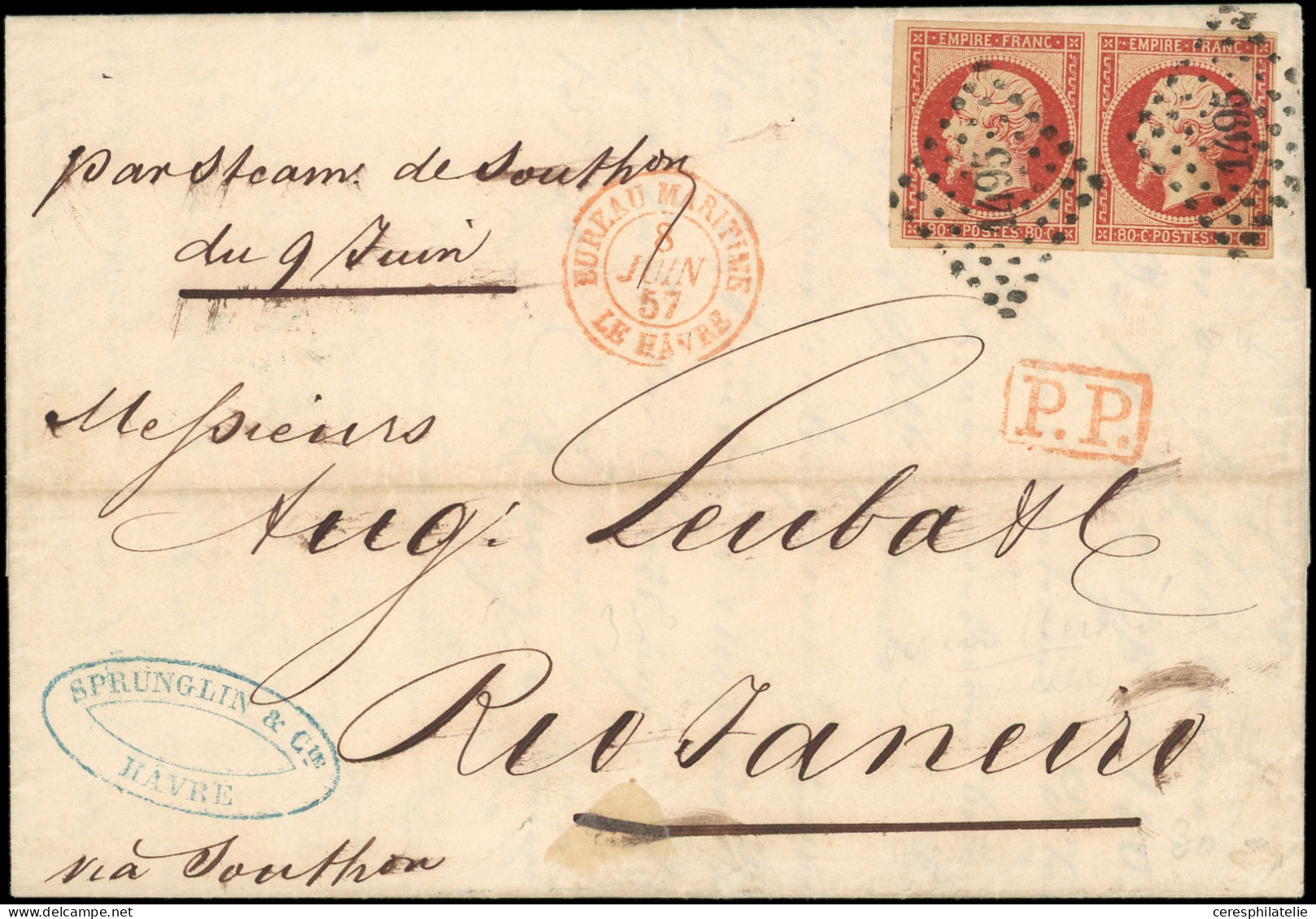 Let EMPIRE NON DENTELE - 17Ad 80c. VERMILLONNE, PAIRE Obl. PC 1495 S. LAC, Càd ROUGE BUREAU MARITIME LE HAVRE 8/6/57, Po - 1849-1876: Classic Period