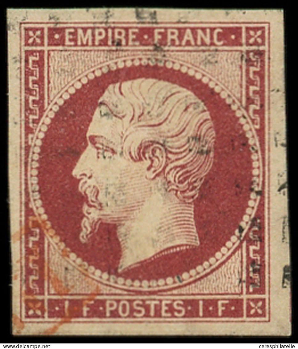 EMPIRE NON DENTELE - 18    1f. Carmin, Belles Marges, Obl. GROS POINTS, Frappe Légère, TTB/Superbe, Certif. Calves - 1853-1860 Napoléon III.