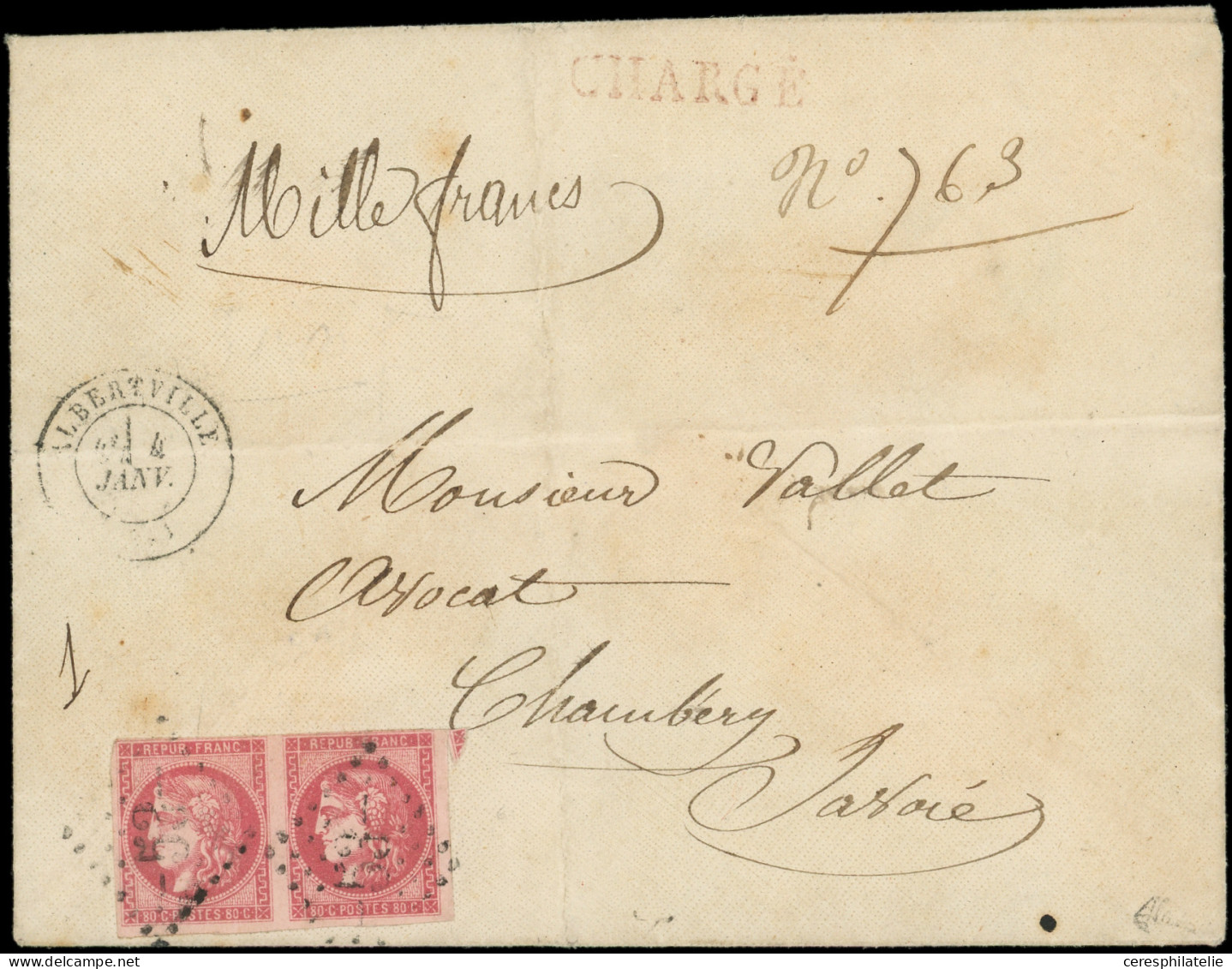 Let EMISSION DE BORDEAUX - 49d  80c. SAUMON, PAIRE Obl. GC S. Env. CHARGE, Càd T17 ALBERTVILLE 4/1/-, RR, TB. C, Certif. - 1849-1876: Klassik