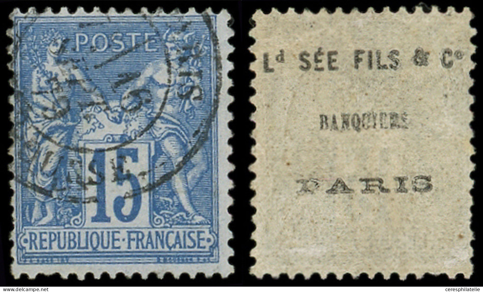 TYPE SAGE - 90   15c. Bleu, Obl., Pub SEE FILS Et Cie Au Verso, TB - 1876-1898 Sage (Type II)