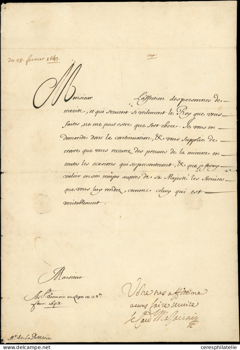 Let LETTRES SANS TIMBRE ET DOCUMENTS DIVERS - Lettre De 1643 Signée De MAZARIN Avec Cachet De Cire Et Fil De Soie, RR Et - Other & Unclassified