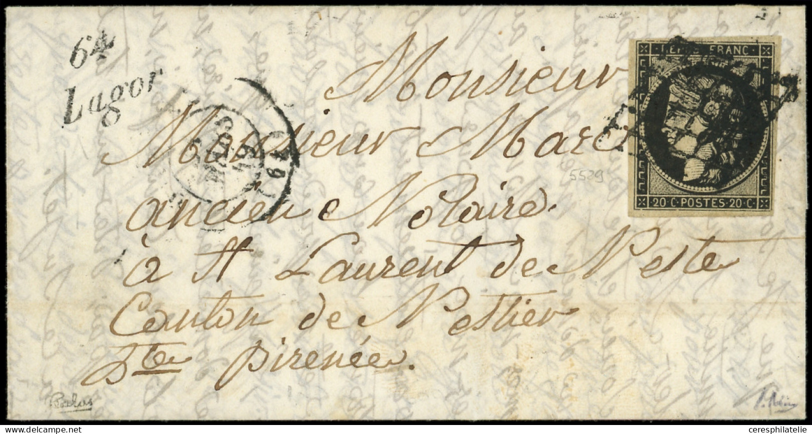 Let OBLITERATIONS PAR DEPARTEMENTS - 64/BASSES PYRENEES N°3 Obl. GRILLE S. LAC, Càd T15 31/3/49 Et Cursive 64/LAGOR, TB - 1849-1876: Période Classique