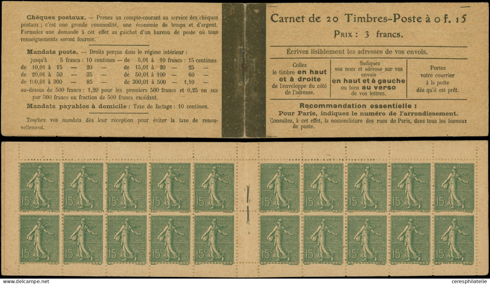 CARNETS (N° Yvert) - 130-C2    Semeuse Lignée, 15c. Vert-gris, T V, Carnet De 20 Papier GC, TB - 1903-60 Semeuse Lignée