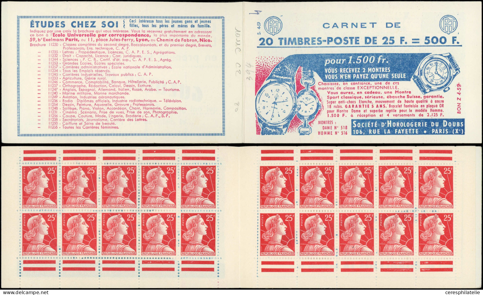 CARNETS (N° Yvert) - 1011C-C2   Muller, 25f. Rouge, N°1011Ca, T I, S. 4-59, HORLOGERIE DU DOUBS, TB - Autres & Non Classés