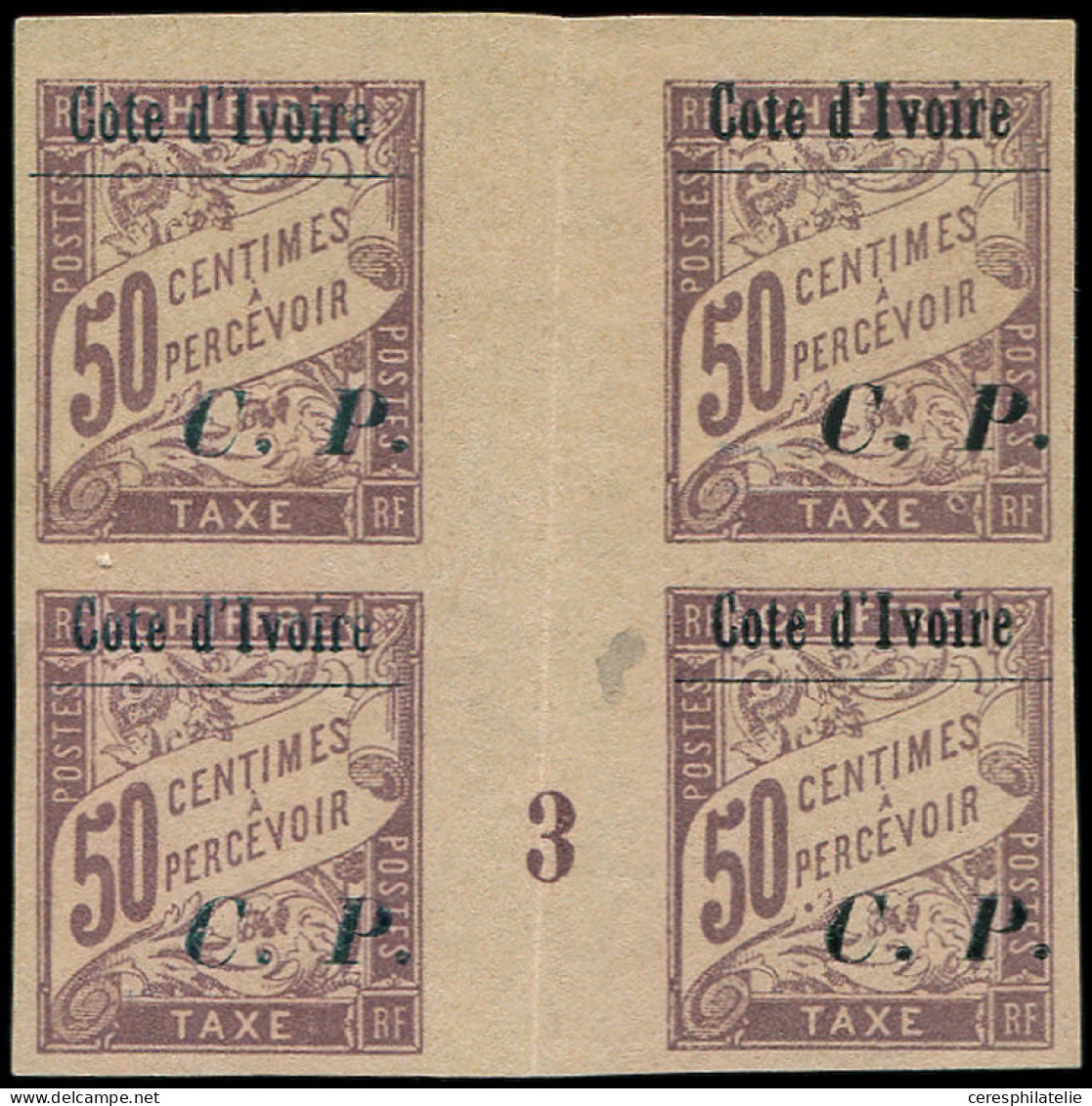 (*) COTE D'IVOIRE Colis Postaux 14 : 50c. Lilas, BLOC De 4 Mill.3, Petit Bdf, 2 Ex. De Gauche Surch. Bleu-noir, TB - Otros & Sin Clasificación