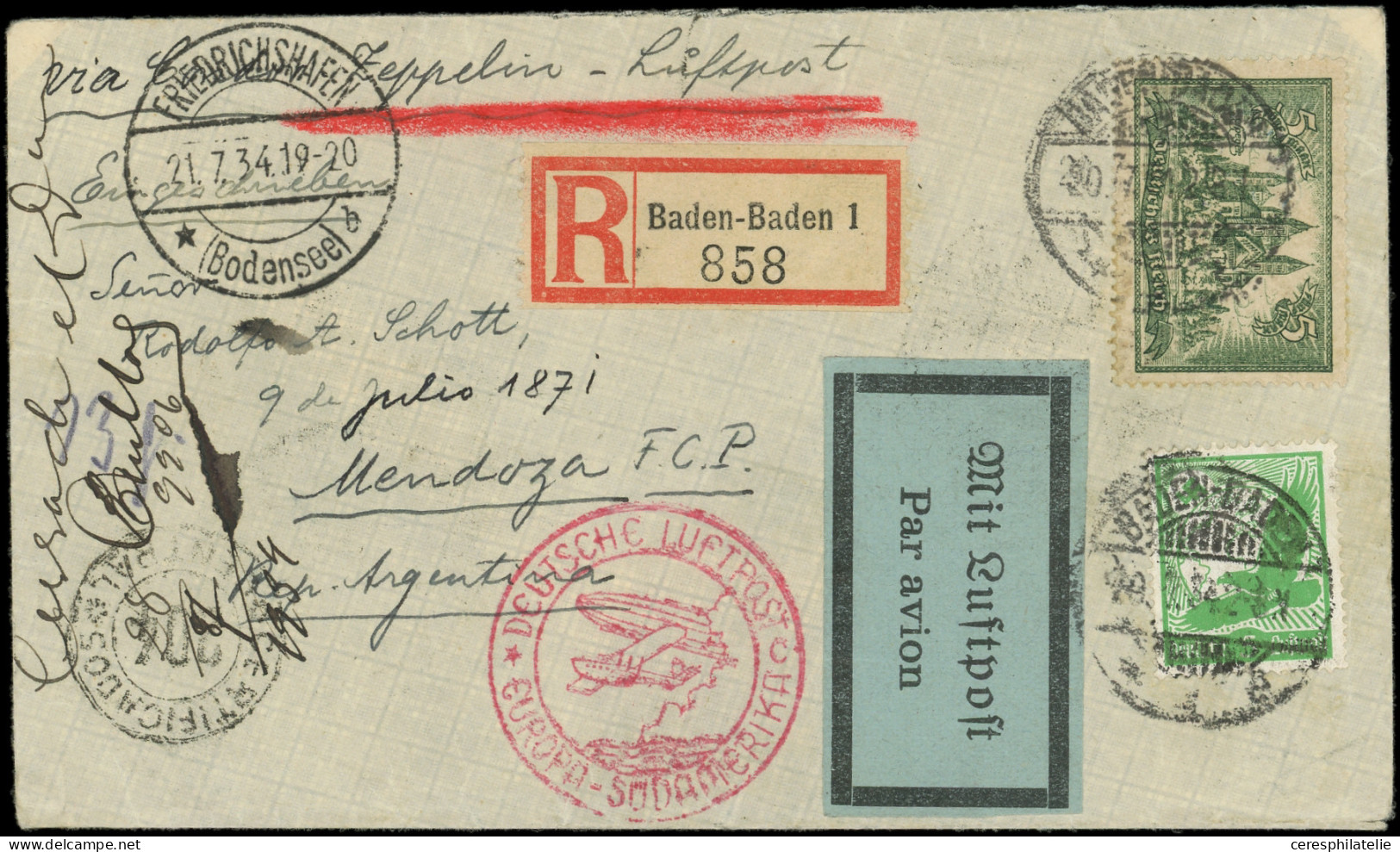 Let EMPIRE PA 43 Et Poste 358 Obl. BADEN-BADEN 20/7/34 S. Env. Rec., Càd FRIEDRICHSHAFEN 21/7, Cachet Zeppelin, Arr. En  - Airmail & Zeppelin