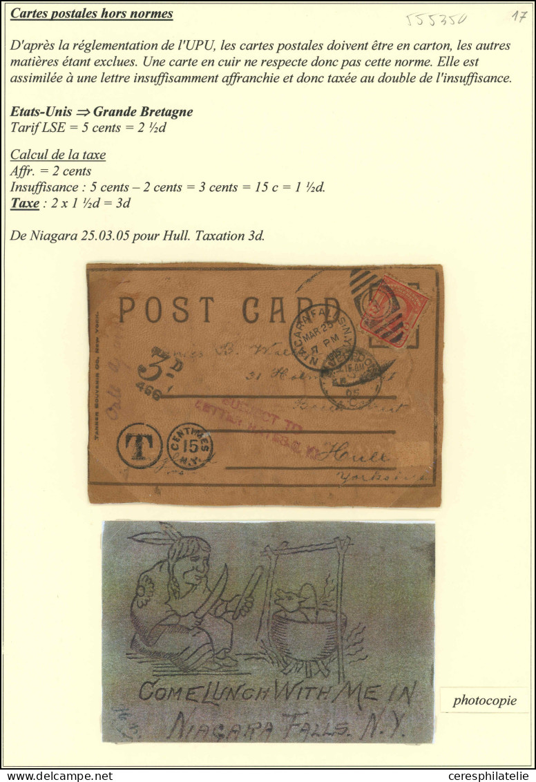 Let ETATS-UNIS 158 : 2c. Rouge Obl. 25/3/05 S. CP En CUIR De NIAGARA FALLS. Matière NON ADMISE Et Donc TAXEE 3d. à HULL  - Sonstige & Ohne Zuordnung