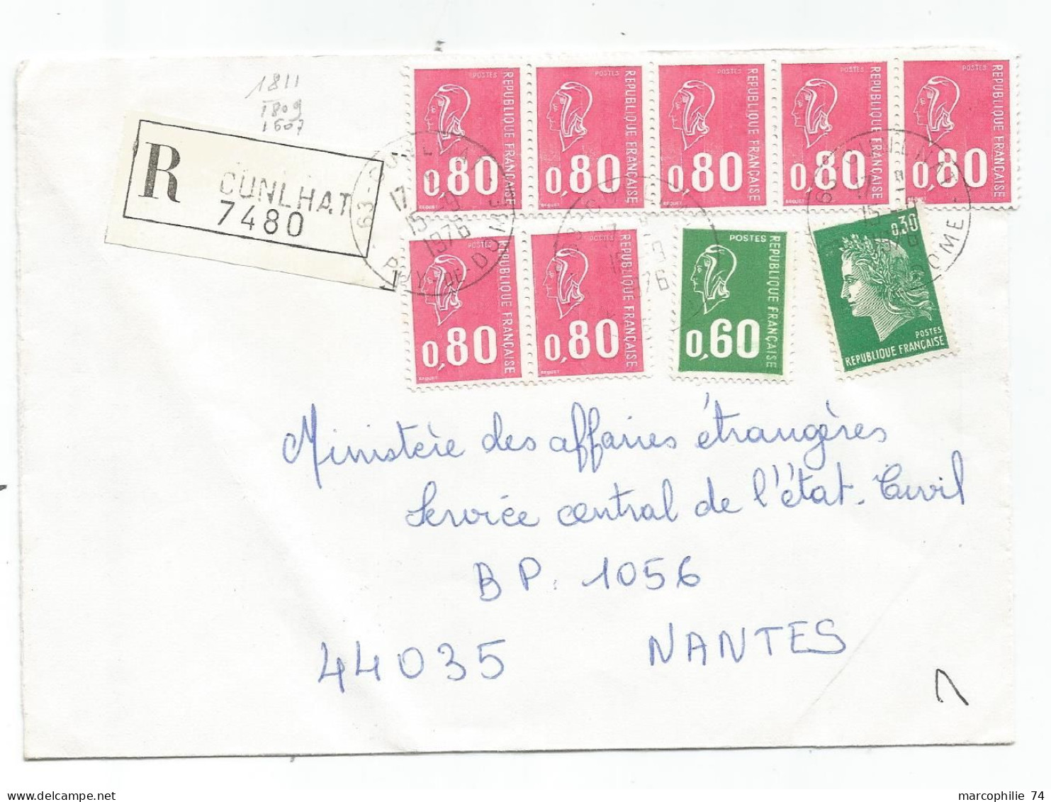 BEQUET 80CX+60C+30C CHEFFER LETTRE REC CUNLHAT 1976 PUY DE DOME - 1971-1976 Marianna Di Béquet