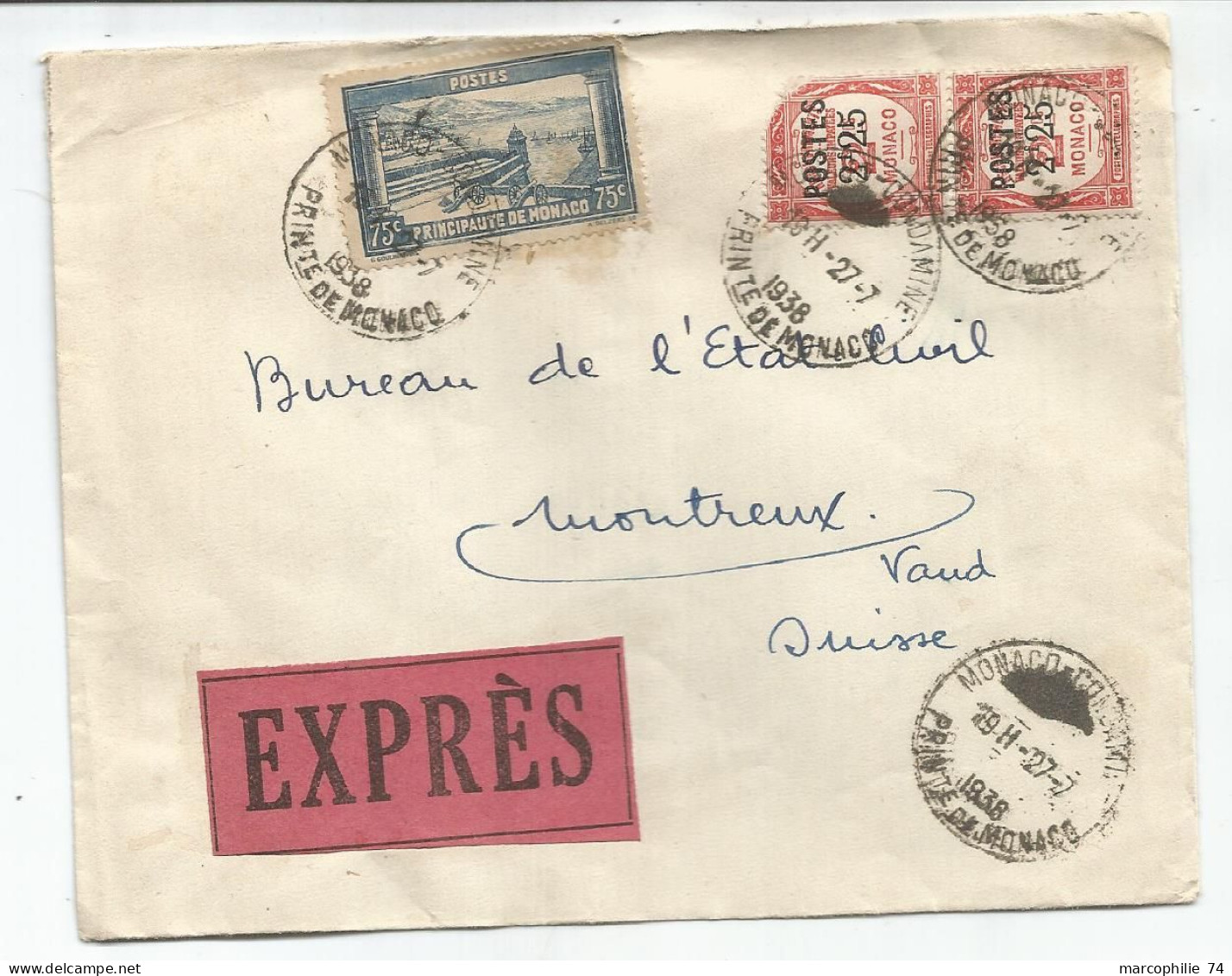 MONACO 75C+2FR25X2 1 DEFAUT LETTRE COVER EXPRES MONACO 1938 POUR SUISSE - Lettres & Documents