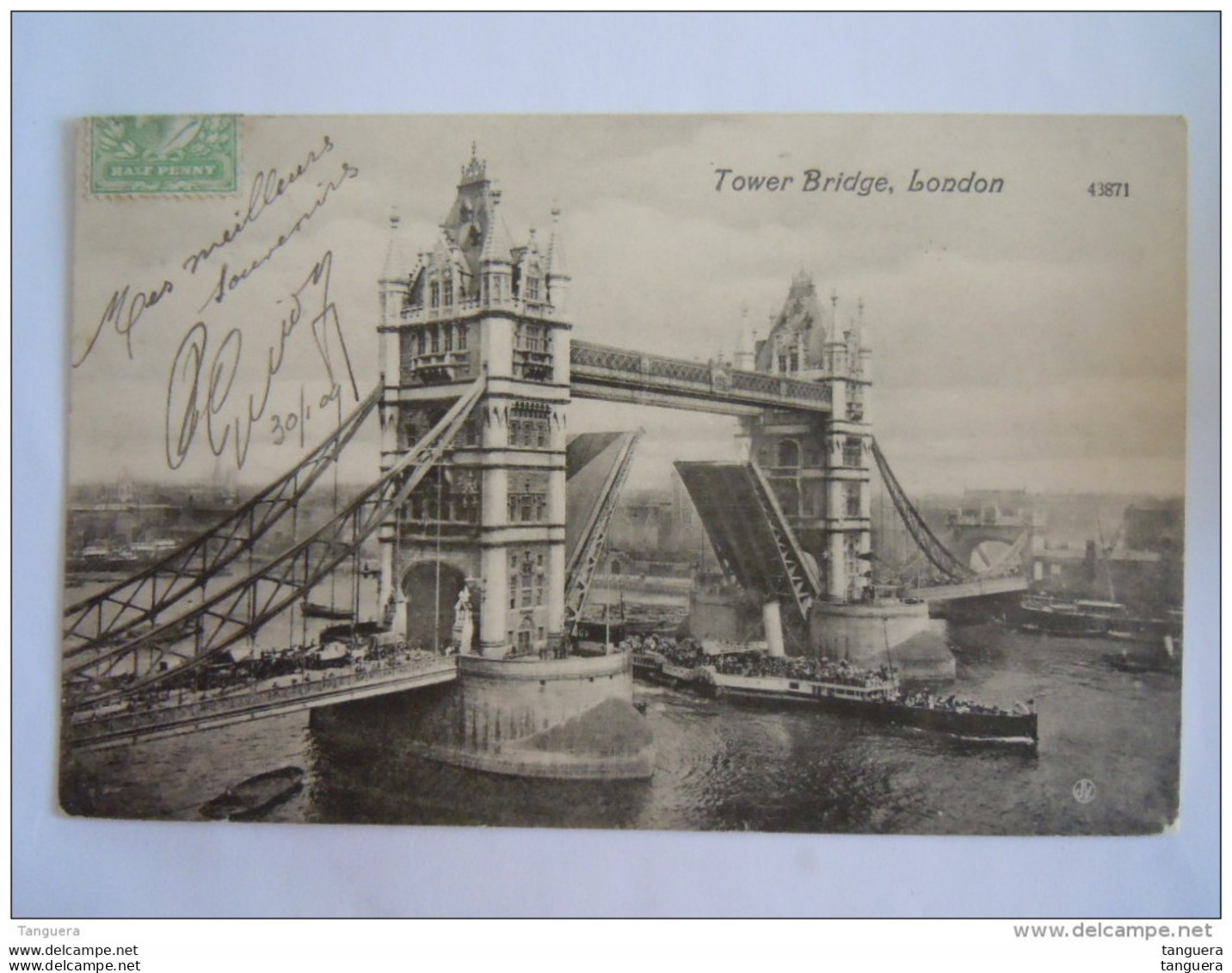 London Tower Bridge Used 1909  Valentine's Post Card - River Thames