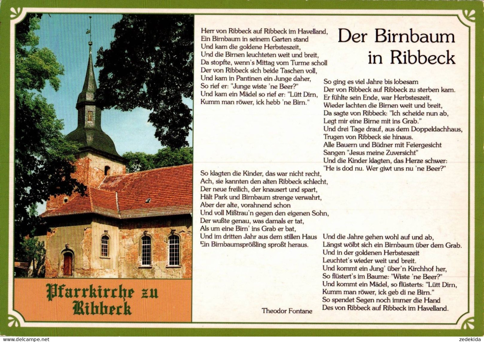 G7493 - TOP Ribbeck Liedkarte Spruchkarte Pfarrkiche Kirche - Bild Und Heimat Reichenbach Qualitätskarte - Fontane - Nauen