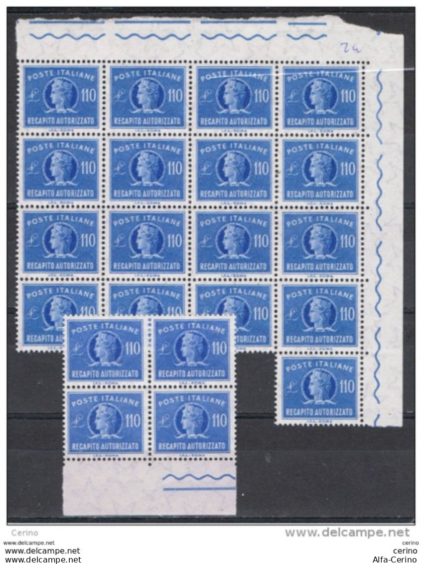 REPUBBLICA:  1977  RECAPITO  AUTORIZZATO  -  £. 110  AZZURRO  N. -  RIPETUTO  21  VOLTE  -  SASS. 15 - Express/pneumatic Mail