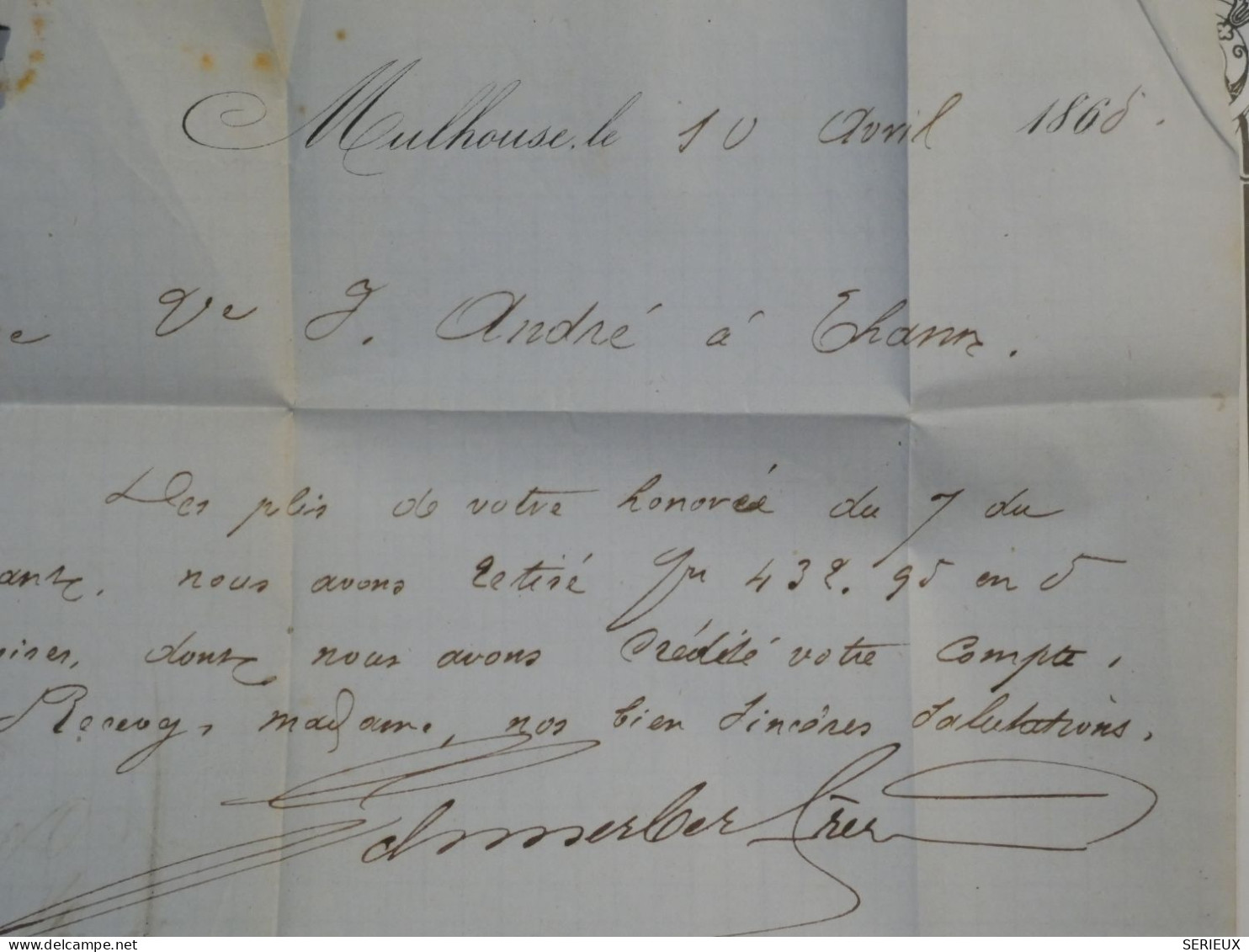 DF14  FRANCE LETTRE CURIOSITé   1868 MULHLOUSE A THANN   + N°22 + DOUBLE  AFF.  INTERESSANT+ ++++ - 1849-1876: Klassieke Periode