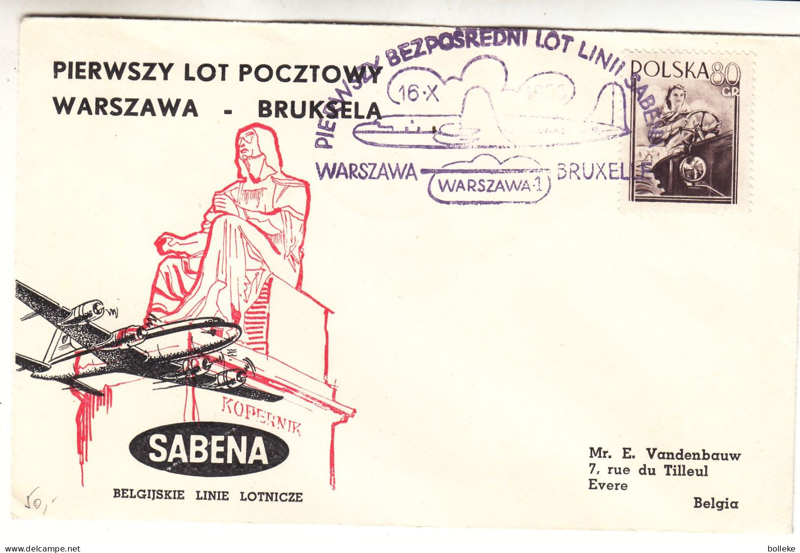 Pologne - Lettre De 1956 - Vol SABENA Warszawa Bruxelles - Tracteurs - - Lettres & Documents